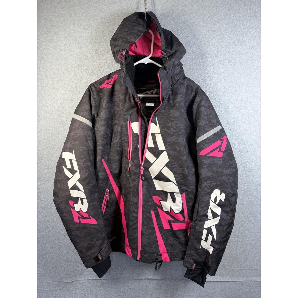 FXR Racing Jacket Womens 8 Black Pink Camo Hooded Insulated Ski Snowmobile